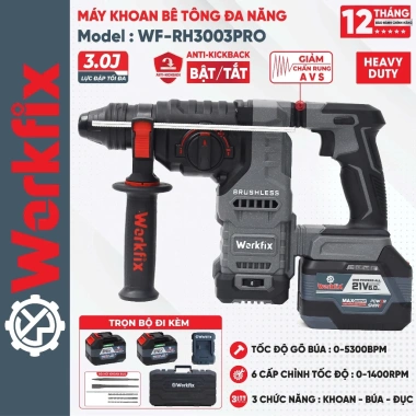 Máy khoan đục bê tông WORKFIX WF-RH3.003PRO 6 cấp tốc, lực đập 3.0J, giảm rung AVS - Giá ưu đãi 1,379,000 VND