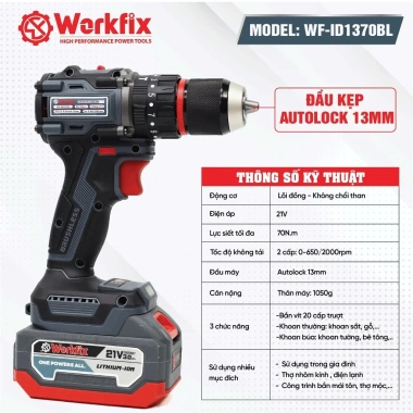 Máy khoan không dây WORKFIX WF-ID1.370BL, lực siết 70N.m, 3 chức năng, đầu 13mm autolock - 698.000đ 2
