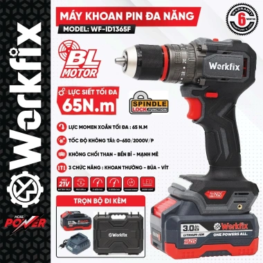 Máy khoan không than WORKFIX WF-ID1.365F - Lực siết 65N·m, Đầu kẹp 13mm, Chân pin phổ thông, Giá 558.000₫