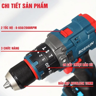Máy khoan pin BOSHUN BS-ID100BL, lực siết 100Nm, đầu kẹp 13mm Autolock, không chổi than 7