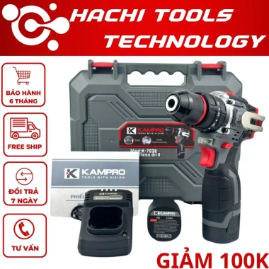 Máy khoan pin Kampro K-7.038 3 chức năng, đầu kẹp autolock, không chổi than