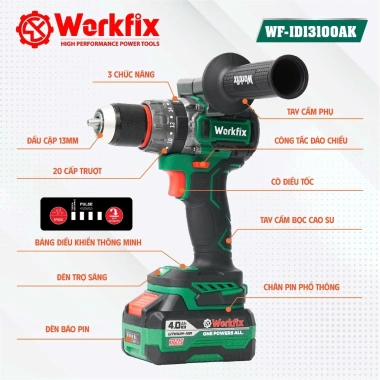 Máy khoan pin Workfix 13mm WF-ID13.100AK Lực siết 100Nm Không chổi than AutoLock Anti Kickback 4
