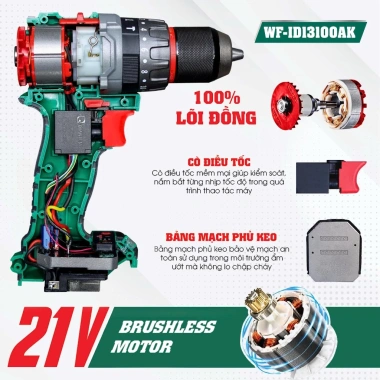 Máy khoan pin Workfix 13mm WF-ID13.100AK Lực siết 100Nm Không chổi than AutoLock Anti Kickback 6