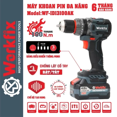 Máy khoan pin Workfix 13mm WF-ID13.100AK Lực siết 100Nm Không chổi than AutoLock Anti Kickback 8