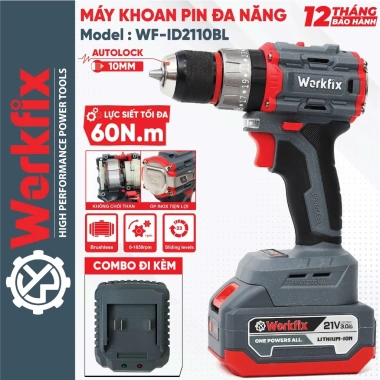 Máy khoan pin WORKFIX 21V WF-ID2.110BL - lực siết 60Nm, 3 chức năng, động cơ không chổi than, giá ưu đãi 464.000đ