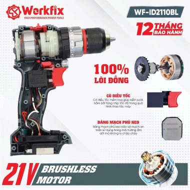 Máy khoan pin WORKFIX 21V WF-ID2.110BL - lực siết 60Nm, 3 chức năng, động cơ không chổi than, giá ưu đãi 464.000đ 4