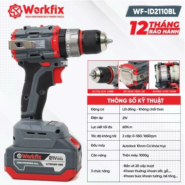 Máy khoan pin WORKFIX 21V WF-ID2.110BL - lực siết 60Nm, 3 chức năng, động cơ không chổi than, giá ưu đãi 464.000đ 5