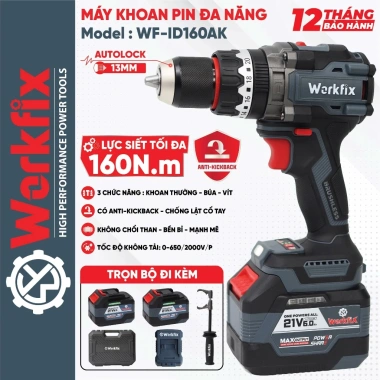Máy khoan pin WORKFIX WF-ID160AK Anti‑kickback 160Nm, 13mm, Không chổi than, Khoá trục – 1,44 tr