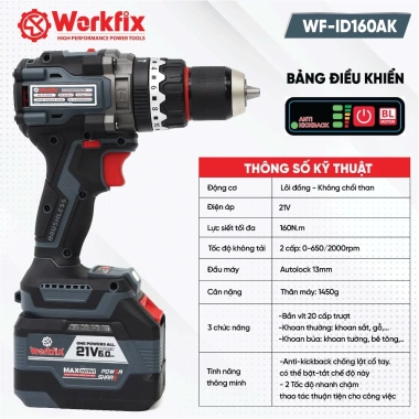 Máy khoan pin WORKFIX WF-ID160AK Anti‑kickback 160Nm, 13mm, Không chổi than, Khoá trục – 1,44 tr