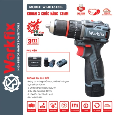 Máy khoan Workfix WF-ID1.613BL - Lực siết 70N.m, 3 chức năng, đầu cặp 13mm, không chổi than - Giá ưu đãi 1.119.000₫