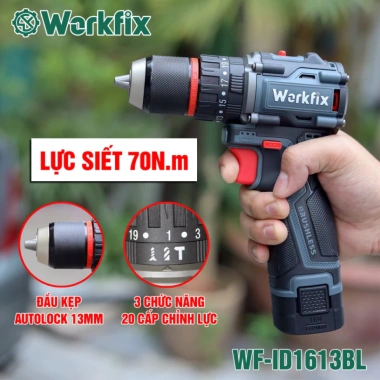 Máy khoan Workfix WF-ID1.613BL - Lực siết 70N.m, 3 chức năng, đầu cặp 13mm, không chổi than - Giá ưu đãi 1.119.000₫