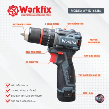 Máy khoan Workfix WF-ID1.613BL - Lực siết 70N.m, 3 chức năng, đầu cặp 13mm, không chổi than - Giá ưu đãi 1.119.000₫