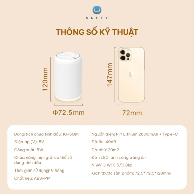 Máy Khuếch Tán Tinh Dầu U ULTTY Aroma - Nhỏ Gọn, 3 Mức Hương, Đèn LED Thư Giãn, 1.5 Triệu 9