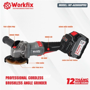 Máy mài cầm tay WORKFIX WF-AG9.000PRO – Anti-kickback, Chống sốc đá, Chống khởi động lại, Khởi động mềm, Giá 867.000₫
