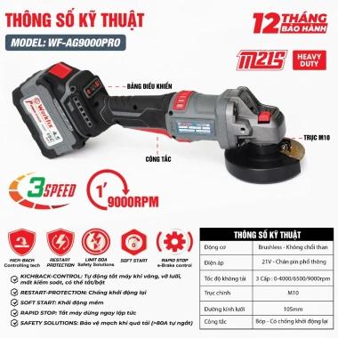 Máy mài cầm tay WORKFIX WF-AG9.000PRO – Anti-kickback, Chống sốc đá, Chống khởi động lại, Khởi động mềm, Giá 867.000₫