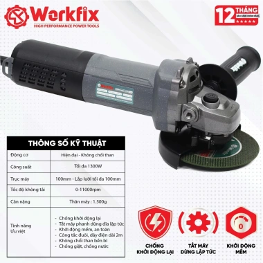 Máy mài điện WORKFIX WF-AG1.300BL 1.300W 11.000V/p không chổi than, chống sốc đá, KĐ mềm - 914.000₫