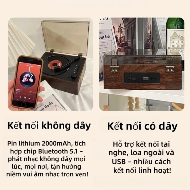 Máy nghe CD cổ điển Bluetooth pin sạc 2.000mAh thiết kế gỗ sang trọng - giá 880.000₫