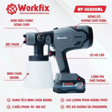 Máy phun sơn pin WORKFIX WF‑SG800ML 2 kiểu phun, bình 800ml, chân pin phổ thông – Giá chỉ 584.000 VND 3