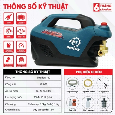 Máy rửa xe BOSHUN 3.500W chỉnh áp, dây rửa 15m - Công suất, giảm giá 14.29 triệu