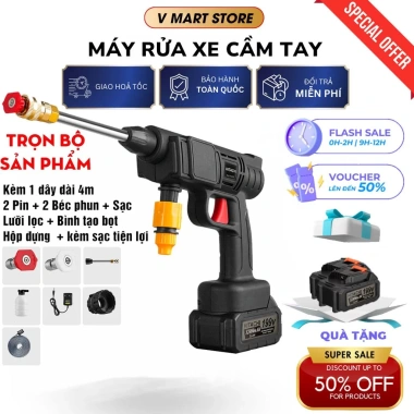 Máy rửa xe cầm tay pin mạnh 2 pin cao cấp, hút nước & tưới cây - 215.000 VNĐ