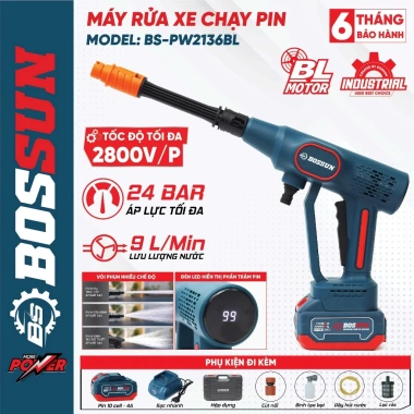 Máy rửa xe pin BOSHUN BS-PW2.136BL 2.800v/p, áp lực 24 bar, 9l/phút - Không chổi than, 825.000 VND