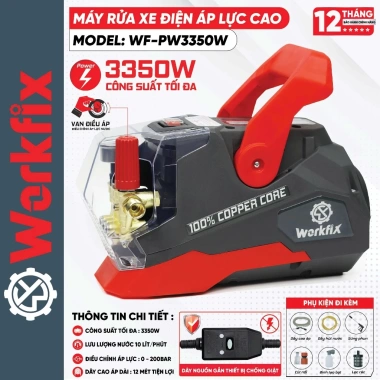 Máy rửa xe WORKFIX WF-PW3.350W 3.350W 200Bar chỉnh áp động cơ dây đồng - Giá ưu đãi 2.549.000₫