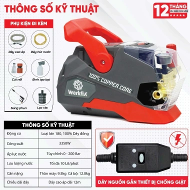 Máy rửa xe WORKFIX WF-PW3.350W 3.350W 200Bar chỉnh áp động cơ dây đồng - Giá ưu đãi 2.549.000₫