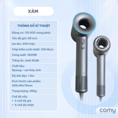 Máy sấy tóc ion âm Camy Cloud Wave 2 chiều nóng lạnh 1.600W, tốc độ cao, bảo vệ tóc, bảo hành 12 tháng - Giá 579.000đ