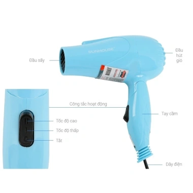 Máy sấy tóc Sunhouse mini SHD2.305 chính hãng 2 tốc độ, tay cầm gập gọn du lịch giá rẻ 6