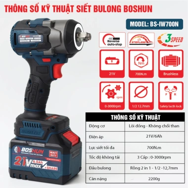 Máy siết bulong Boshun BS-IW700N - Lực 700N.m, không chổi than, pin 15cell 3 tốc độ, giá 679.000đ 2