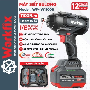 Máy Siết Bulong WORKFIX WF-IW1.100N - Đầu 15CELL Lực Siết 1.100Nm, Mở Vặn Xe Ô Tô 38mm, Giá 1.149.000đ