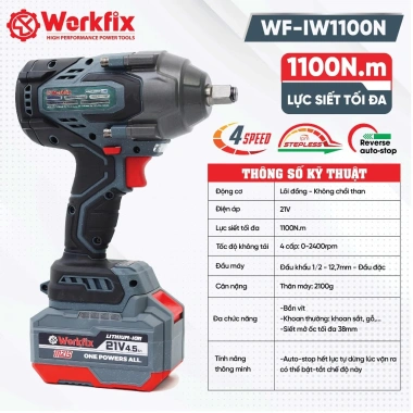 Máy Siết Bulong WORKFIX WF-IW1.100N - Đầu 15CELL Lực Siết 1.100Nm, Mở Vặn Xe Ô Tô 38mm, Giá 1.149.000đ 3