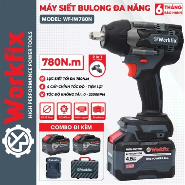 Máy Siết Bulong WORKFIX WF-IW780N 780Nm - Bắn ốc Pin Phổ Thông, Lõi Đồng 100% - Giá Ưu Đãi 649.000 VND