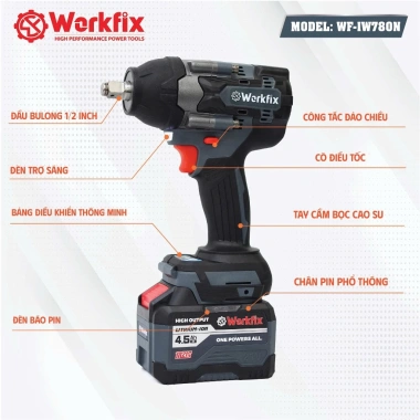 Máy Siết Bulong WORKFIX WF-IW780N 780Nm - Bắn ốc Pin Phổ Thông, Lõi Đồng 100% - Giá Ưu Đãi 649.000 VND