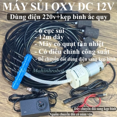 Máy sục khí V1 V2 V3 combo 12V/220V, kẹp bình ắc quy, bơm oxy cho bể cá 10