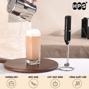 Máy tạo bọt cà phê cầm tay HPS, đánh trứng mini pin, nhựa ABS, inox 304, giá đỡ 41.000₫