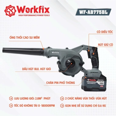 Máy thổi hút bụi pin WORKFIX WF-AB775BL, tốc độ 18.000v/p, không chổi than, chân pin chuẩn, giảm giá 20% 2
