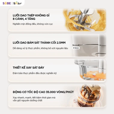 Máy Xay Ăn Dặm Bear BFM 025JM 0.3L - 8 Lưỡi Dao Inox 316 Cầm Tay Xay Nhuyễn