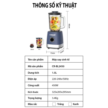 Máy xay sinh tố 2 cối CREEN CR-BL2.450 450W - Đa năng, bảo hành 12 tháng, 599k 8 Máy xay sinh tố 2 cối CREEN CR-BL2.450 450W - Đa năng, bảo hành 12 tháng, 599k 8