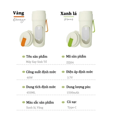 Máy Xay Sinh Tố Cầm Tay 450ml Di Động, 1 Cốc Nắp Đôi, BH 12 Tháng, Giá 208.000₫