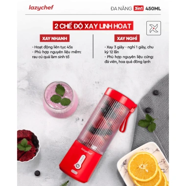 Máy xay sinh tố cầm tay Lazychef 3in1 450ml - Xay đá cực nhuyễn, bảo hành chính hãng