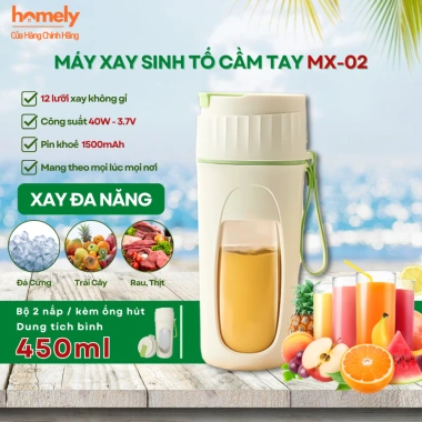 Máy Xay Sinh Tố Cầm Tay Mini Không Dây 40W Pin Trâu 1.500mAh 450ml Xay Đá Lưỡi Inox Sạc Type‑C HOMELY
