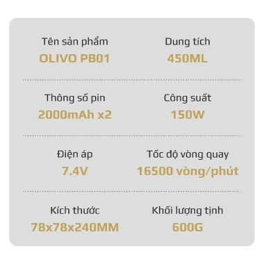 Máy Xay Sinh Tố Cầm Tay Olivo PB01 - Xay Đá, Sạc Pin Không Dây, Dung Tích 450ml, Giá Ưu Đãi 588.999₫ 2