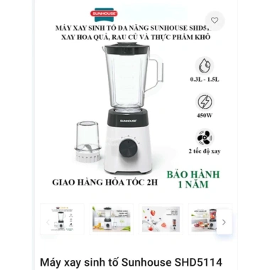 Máy xay sinh tố Sunhouse SHD5.114 2 cối 450W - Chính hãng, bao lỗi 1 đổi 1, 488.000₫