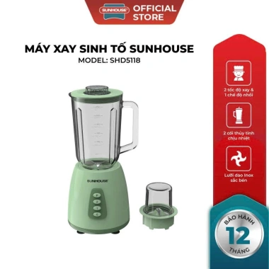 Máy Xay Sinh Tố Sunhouse SHD5.118 300W - 2 Cối Thủy Tinh, Bảo Hành 12 Tháng, Giá 469k