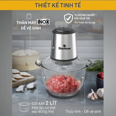 Máy Xay Thịt BlueStone CHB-5.145 2L 350W 2 Lưỡi Dao Kép Cối Thủy Tinh - Xay Mạnh An Toàn - BH 2 Năm - Giá 689.000đ