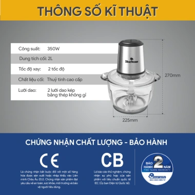 Máy Xay Thịt BlueStone CHB-5.145 2L 350W 2 Lưỡi Dao Kép Cối Thủy Tinh - Xay Mạnh An Toàn - BH 2 Năm - Giá 689.000đ