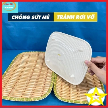 Mẹt nhựa đựng thức ăn chữ nhật dày dặn, giả mây tre, chân đế, Bún đậu, Nem nướng 31.500₫