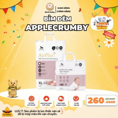 Michibaby Bỉm Đêm Applecrumby AirPlus Overnight Mega Mini NB S M L XL XXL siêu thấm 12h Giá 260.000₫ Michibaby Bỉm Đêm Applecrumby AirPlus Overnight Mega Mini NB S M L XL XXL siêu thấm 12h Giá 260.000₫