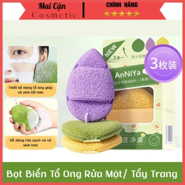 Miếng Bọt Biển Rửa Mặt 3 Miếng Puff Mềm Mại, Sâu Lỗ Chân Lông, Thân Thiện Da